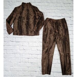 Vtg 60s Ulla Vicki Cooper Brown Vegan Fur 2 Piece Set Top Pants Shirt Suit Union